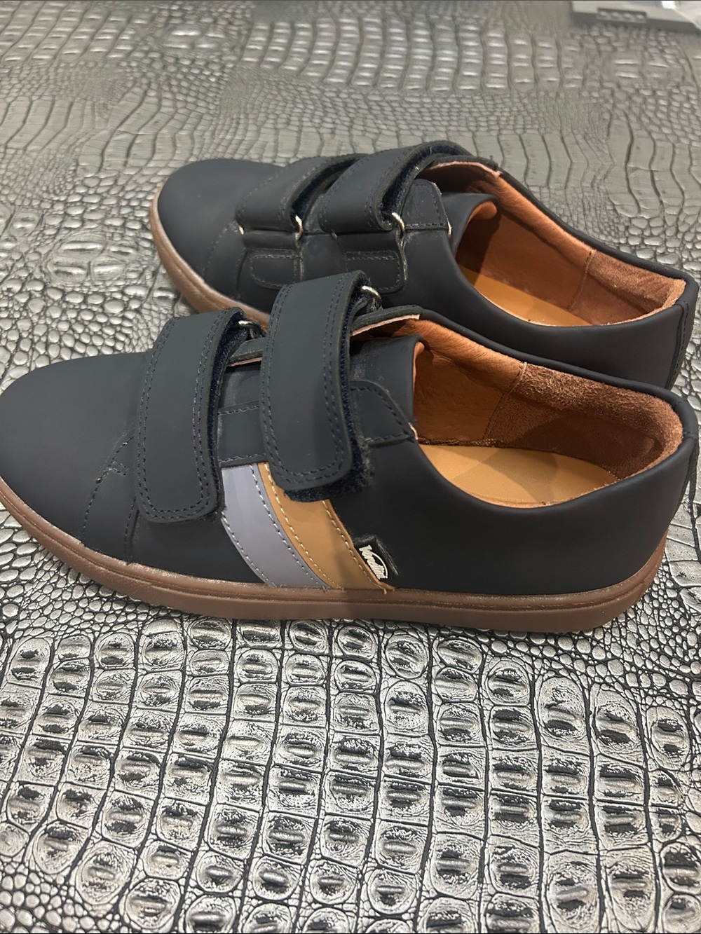 Boys Casual Navy Velcro shoes with Brown Accents
